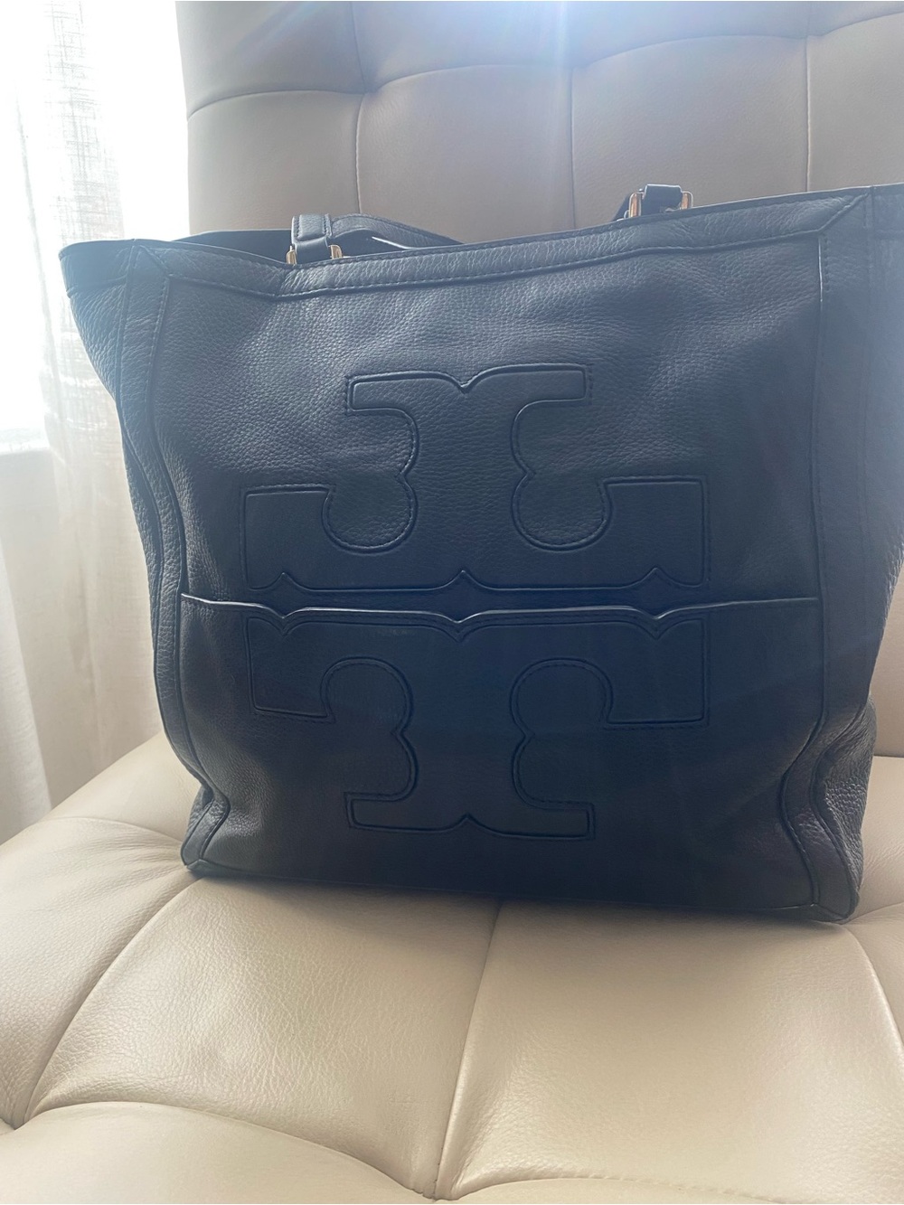 Tory Burch Jessica Black Embossed Logo Pebbled Leather Tote